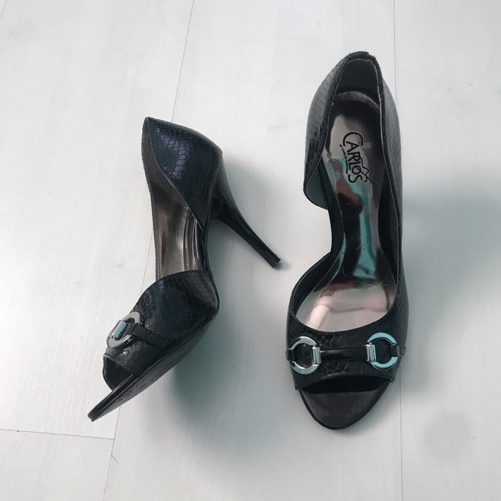 Carlos Santana | Black Snake Print Open Toe Heels